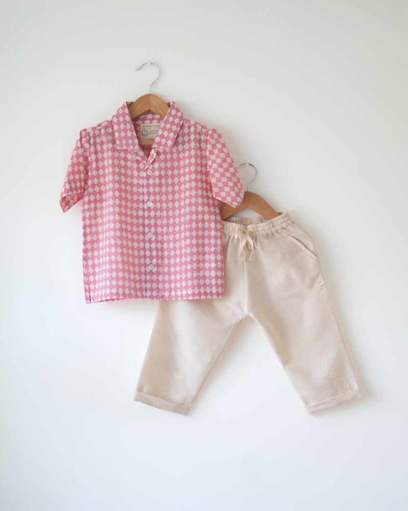 Boogie Pink Rhombus Short Sleeve Cuban Collar Shirt