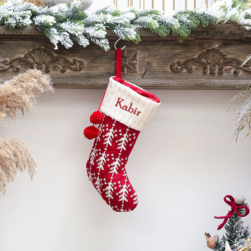 Holiday Chevron Cheer Stockings - Red & White Christmas Tree