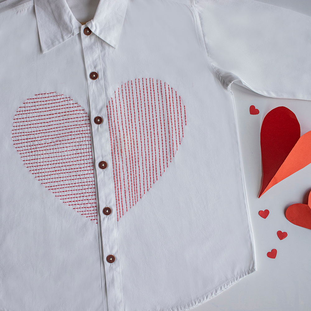 Lined Heart Embroidered Shirt for Women - White