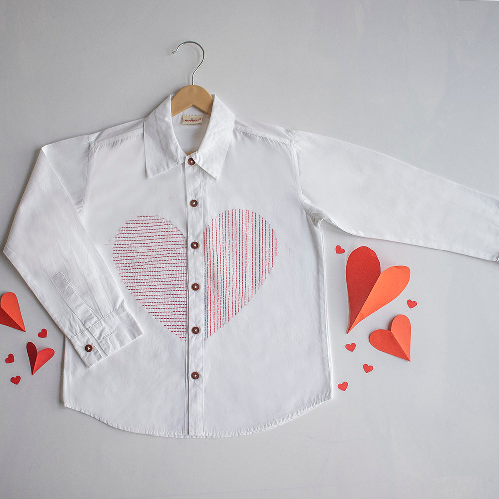 Lined Heart Embroidered Shirt for Women - White