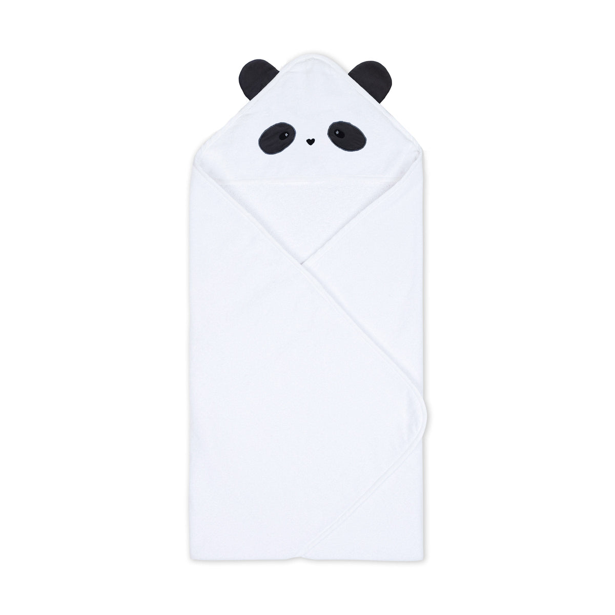 Panda hooded baby towel in 100% cotton, laid flat