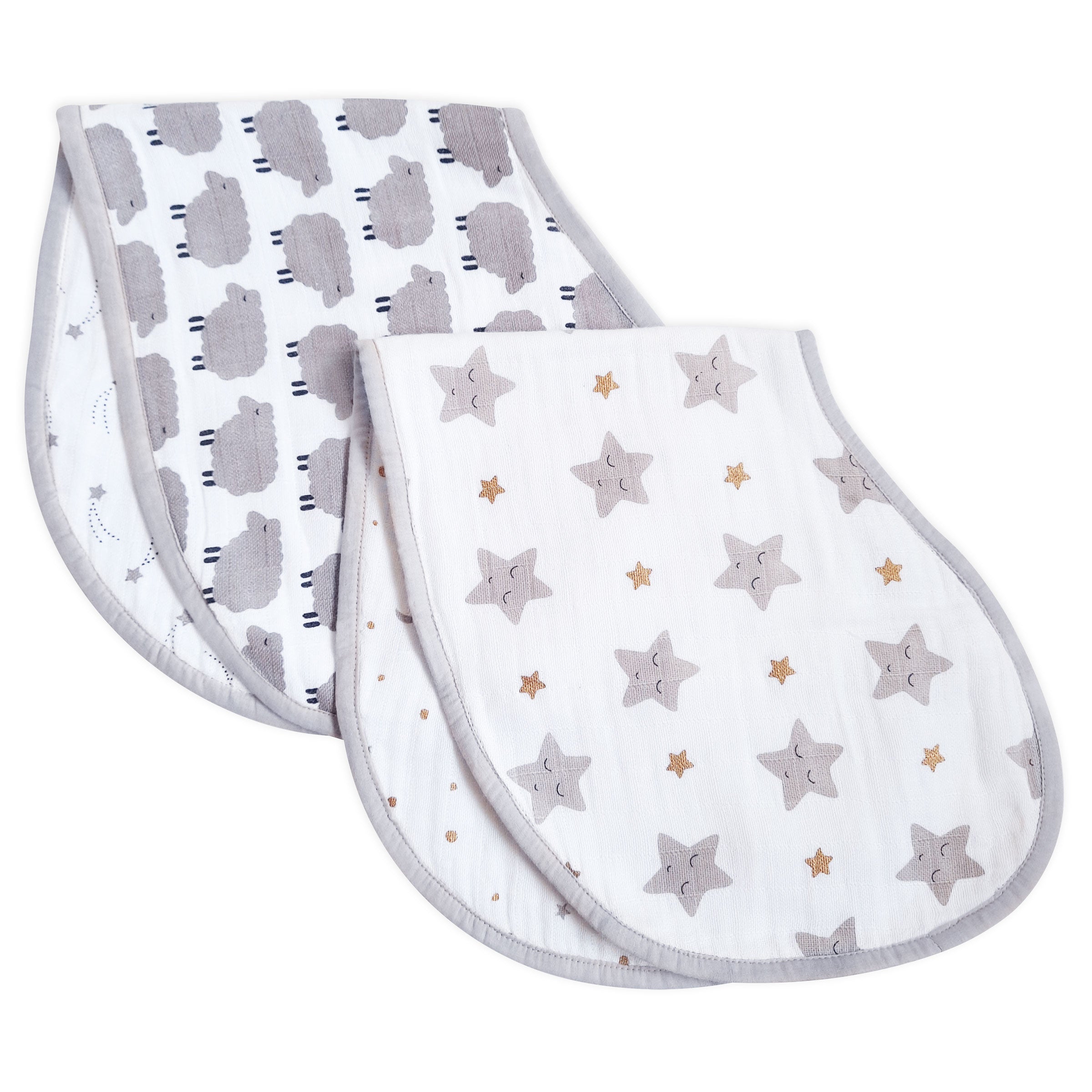 Organic Muslin Burp Cloth & Bib | Pack of 2 – Sheep & Stars