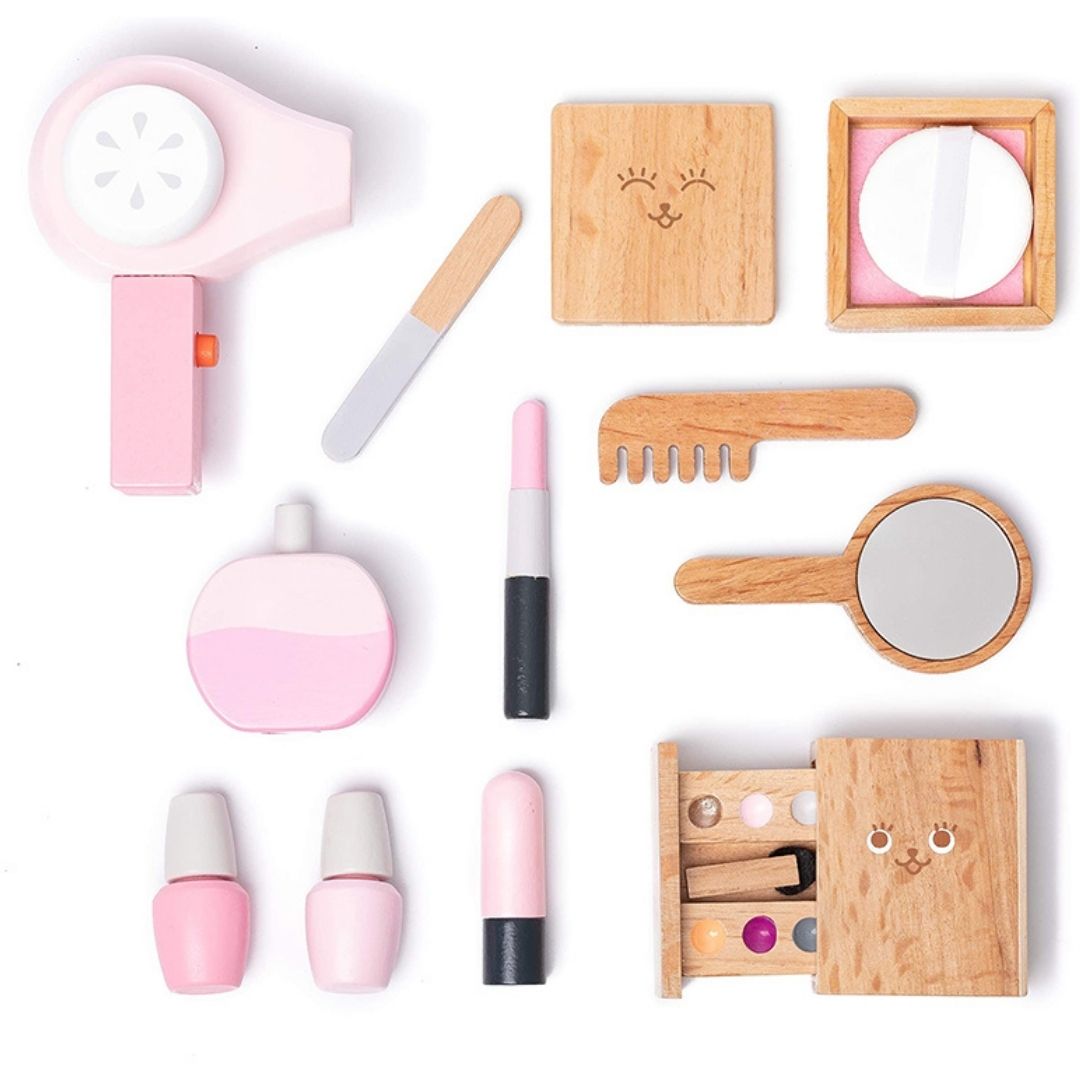 Wooden Makeup Toy | Girls Salon Playset | Beauty Salon Play Set with Vanity and Accessories - 12 Pcs