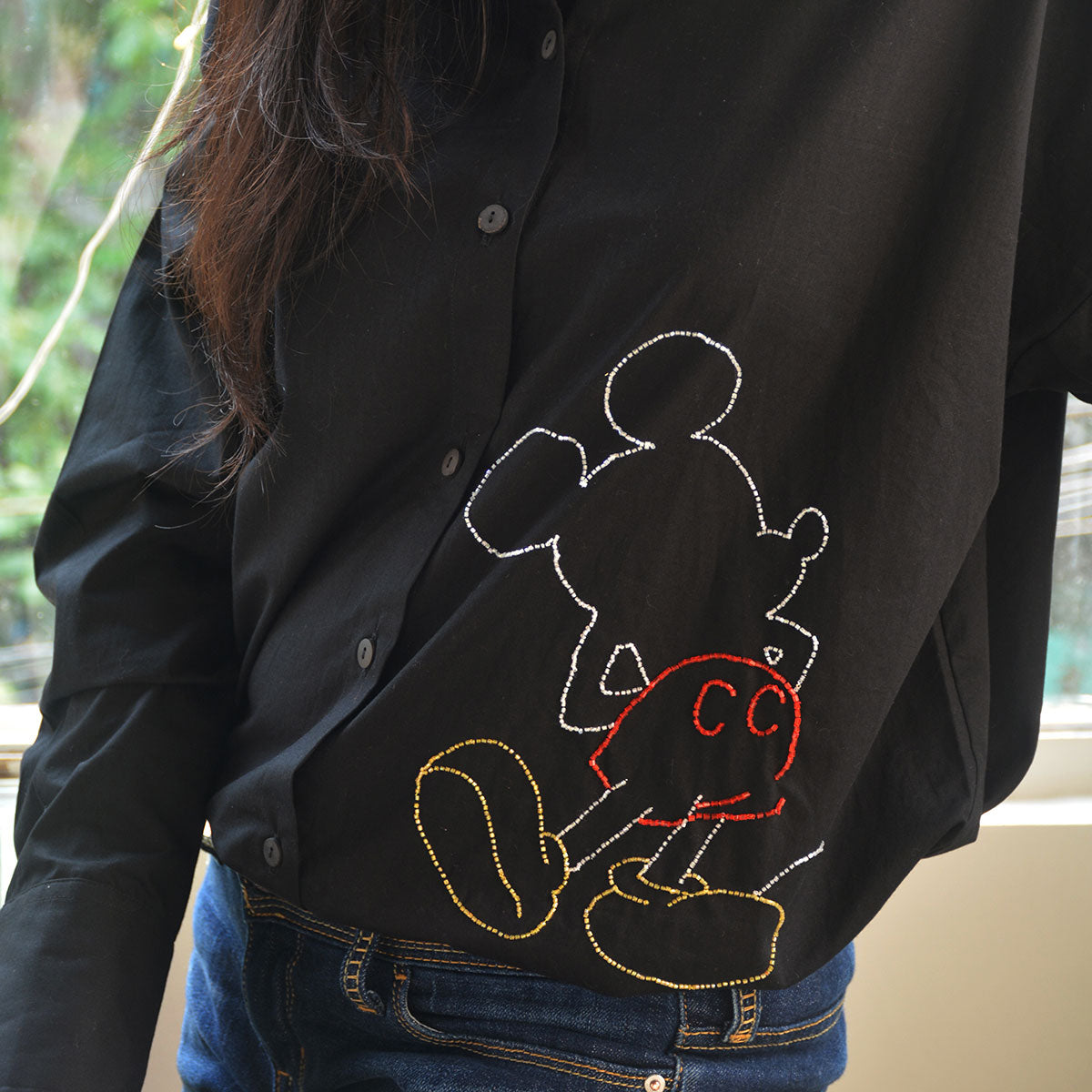 Mouse Embellished Women's Shirt - Black/White