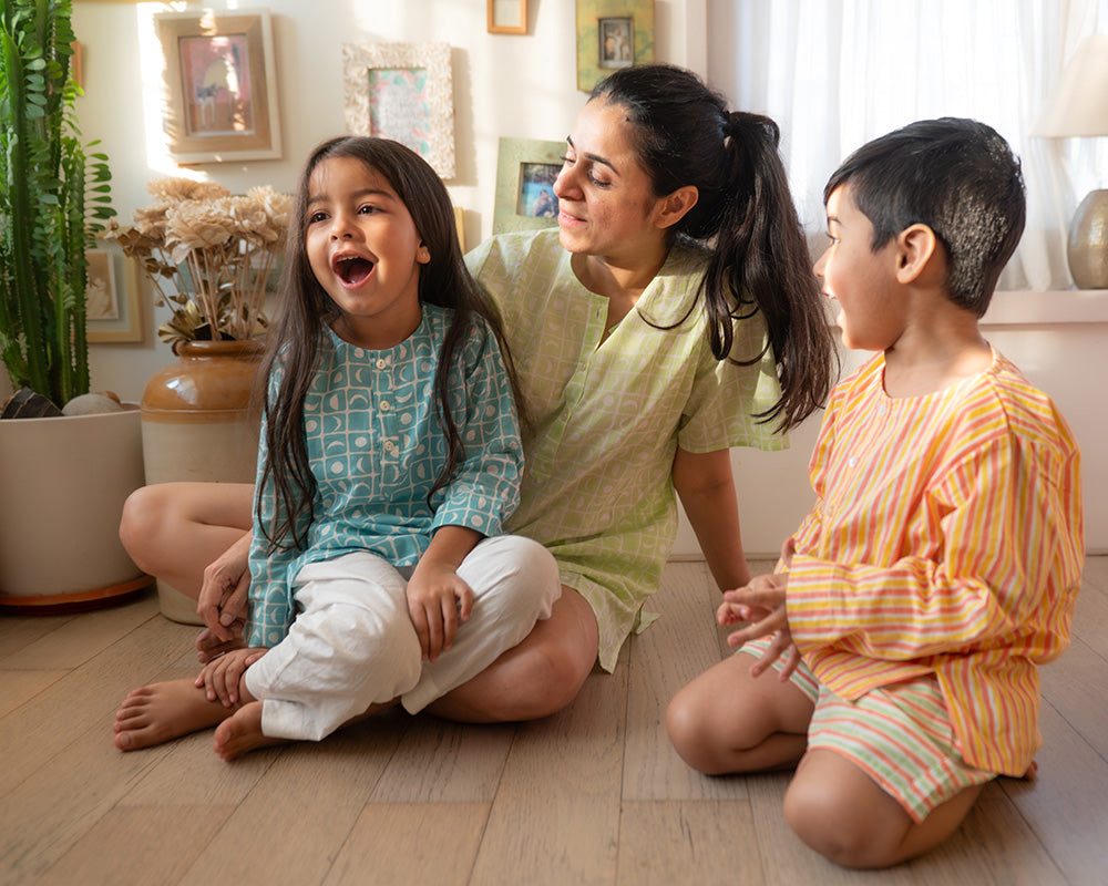 Sleepover Party’ unisex cotton set with lime green moon chase kurta and purple green striped shorts - Grown up version