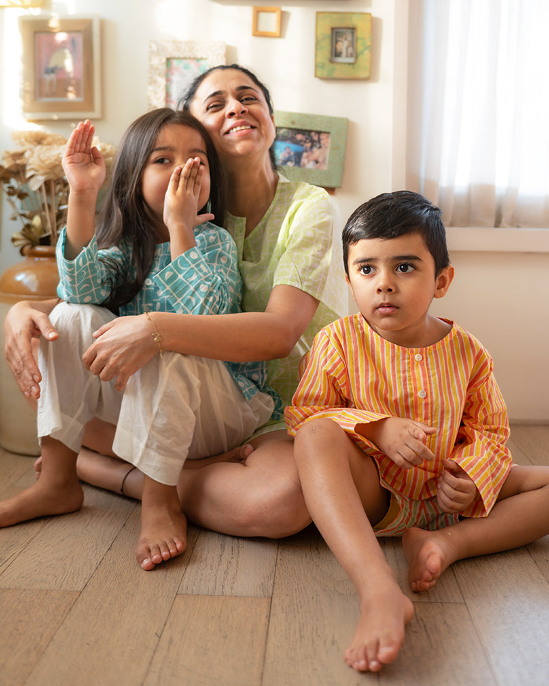 Sleepover Party’ unisex cotton set with lime green moon chase kurta and purple green striped shorts - Grown up version