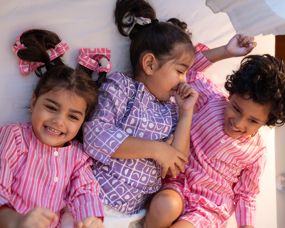 Sleepover Party’ unisex cotton set with striped kurta and moon chase shorts in pink