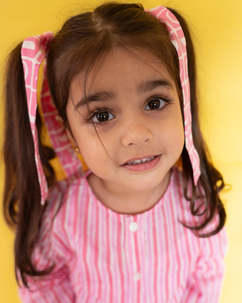 Sleepover Party’ unisex cotton set with striped kurta and moon chase shorts in pink