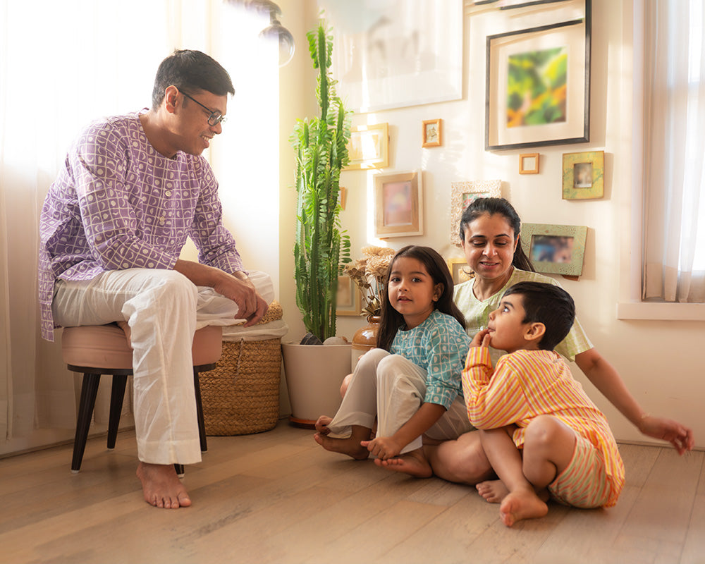 Sleepover Party’ unisex cotton set with peach yellow striped kurta and peach green striped shorts