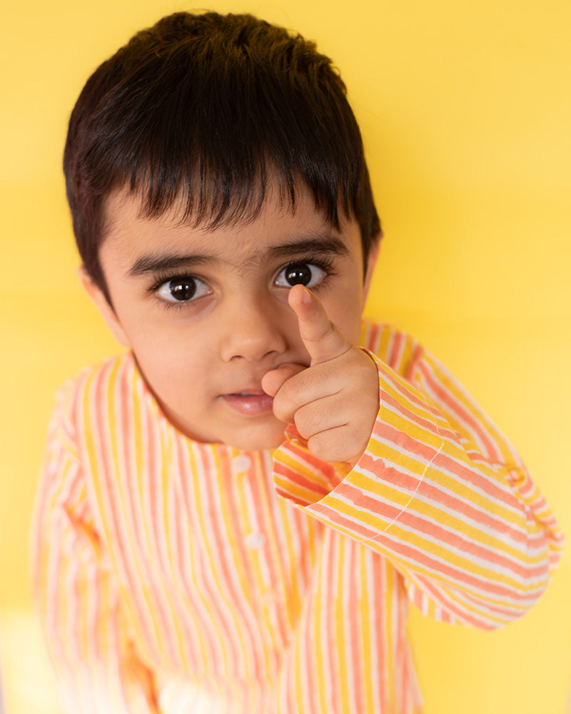 Sleepover Party’ unisex cotton set with peach yellow striped kurta and peach green striped shorts