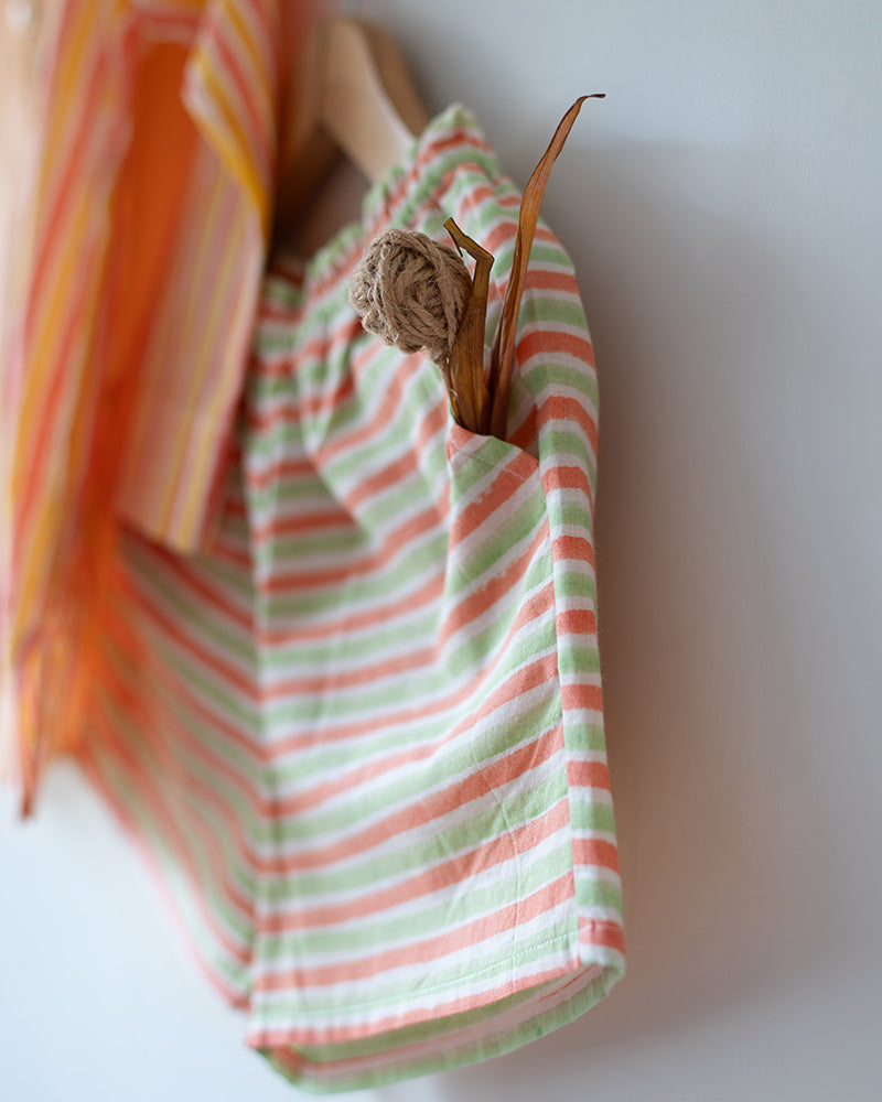 Sleepover Party’ unisex cotton set with peach yellow striped kurta and peach green striped shorts