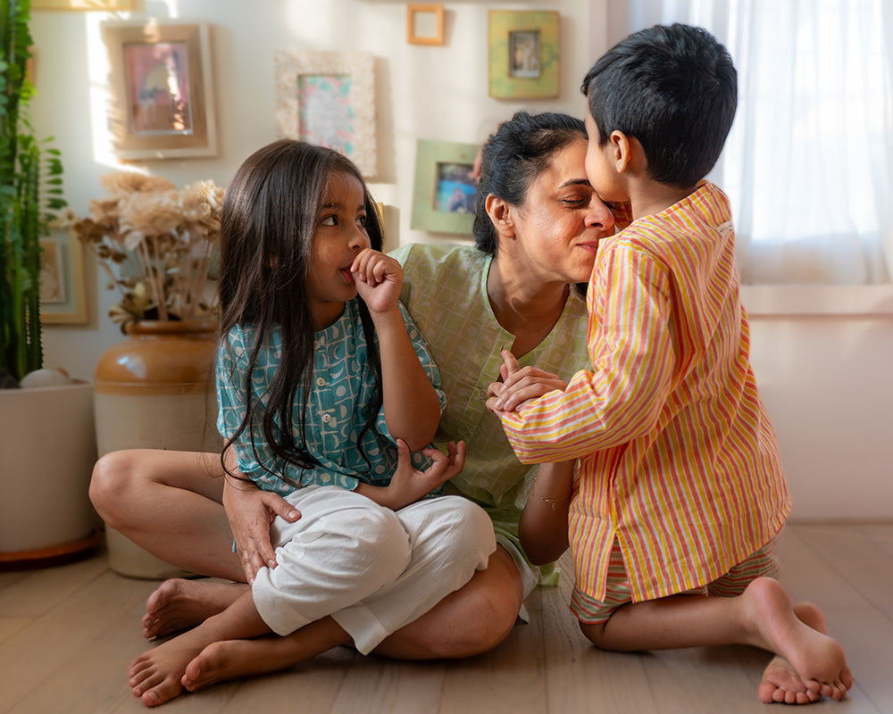 Sleepover Party’ unisex cotton set with peach yellow striped kurta and peach green striped shorts