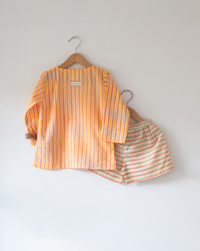 Sleepover Party’ unisex cotton set with peach yellow striped kurta and peach green striped shorts