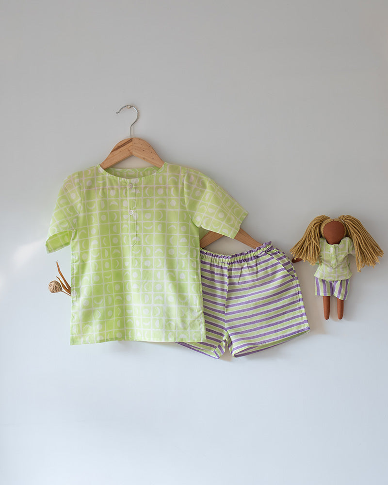 Sleepover Party’ unisex cotton set with lime green moon chase kurta and purple green striped shorts