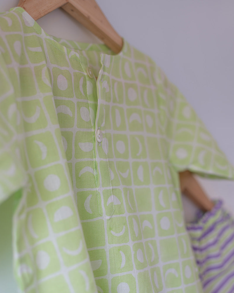 Sleepover Party’ unisex cotton set with lime green moon chase kurta and purple green striped shorts