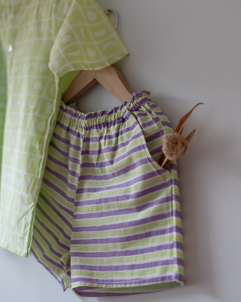 Sleepover Party’ unisex cotton set with lime green moon chase kurta and purple green striped shorts