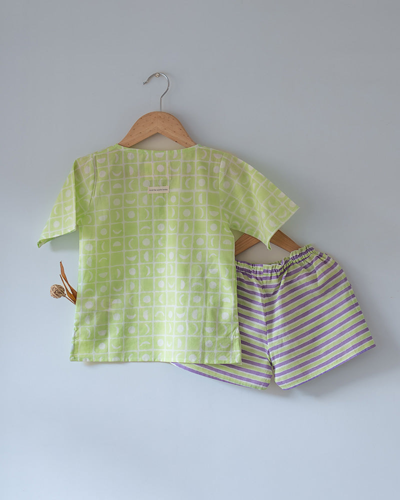 Sleepover Party’ unisex cotton set with lime green moon chase kurta and purple green striped shorts