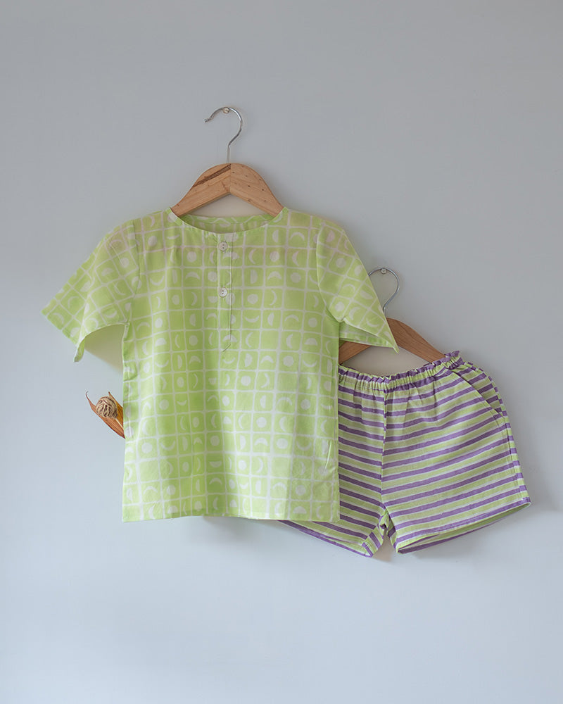 Sleepover Party’ unisex cotton set with lime green moon chase kurta and purple green striped shorts