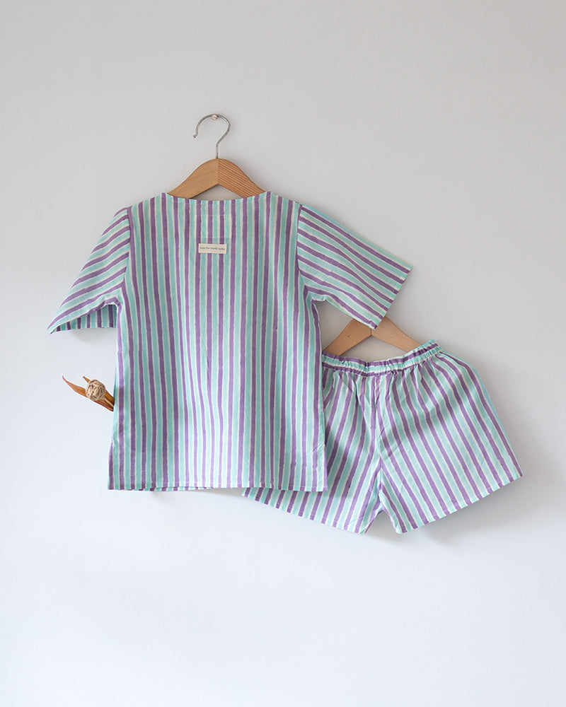 Sleepover Party’ unisex cotton set with purple blue striped kurta and shorts