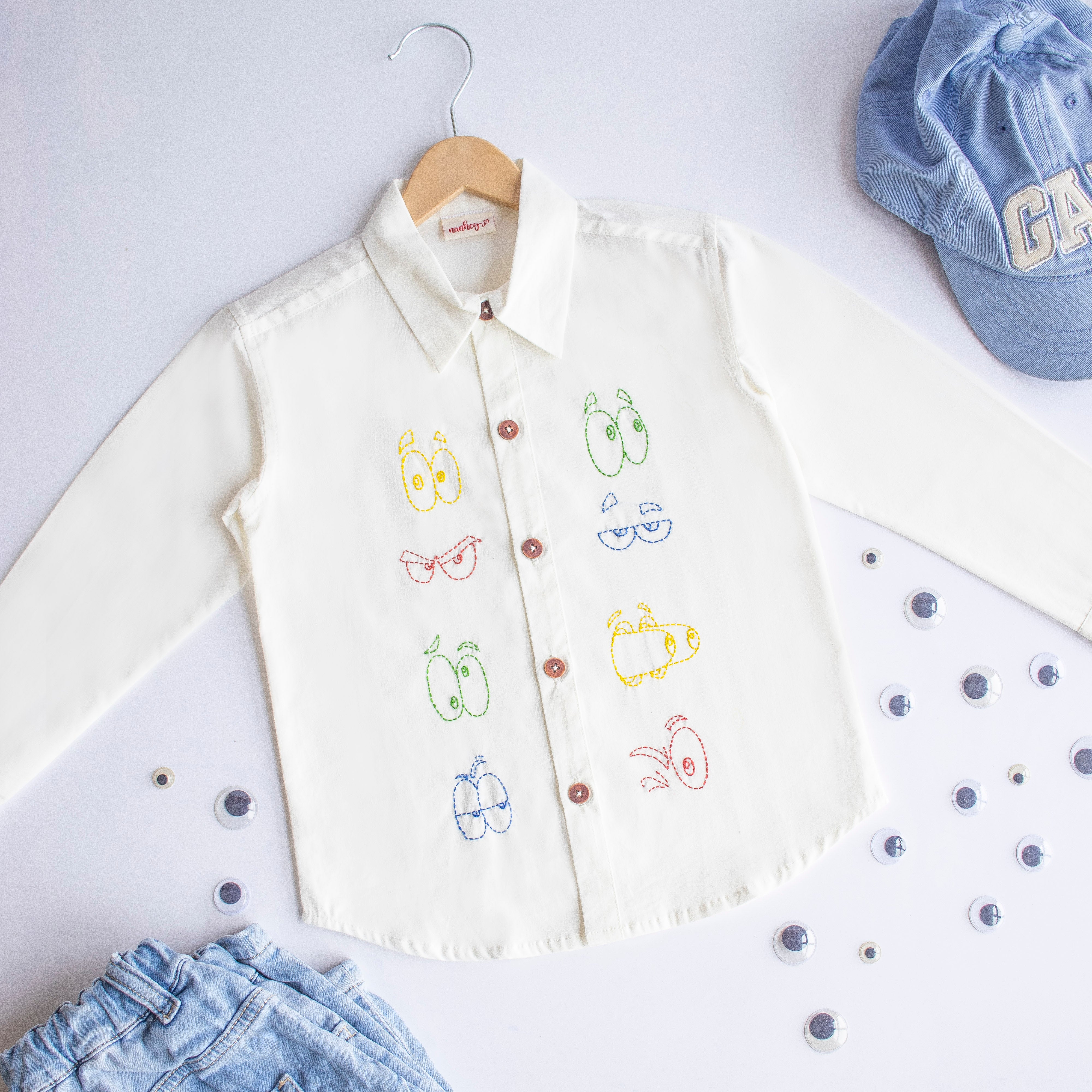 Colourful Emoji Eyes Embroidered Unisex Shirt - White - Totdot