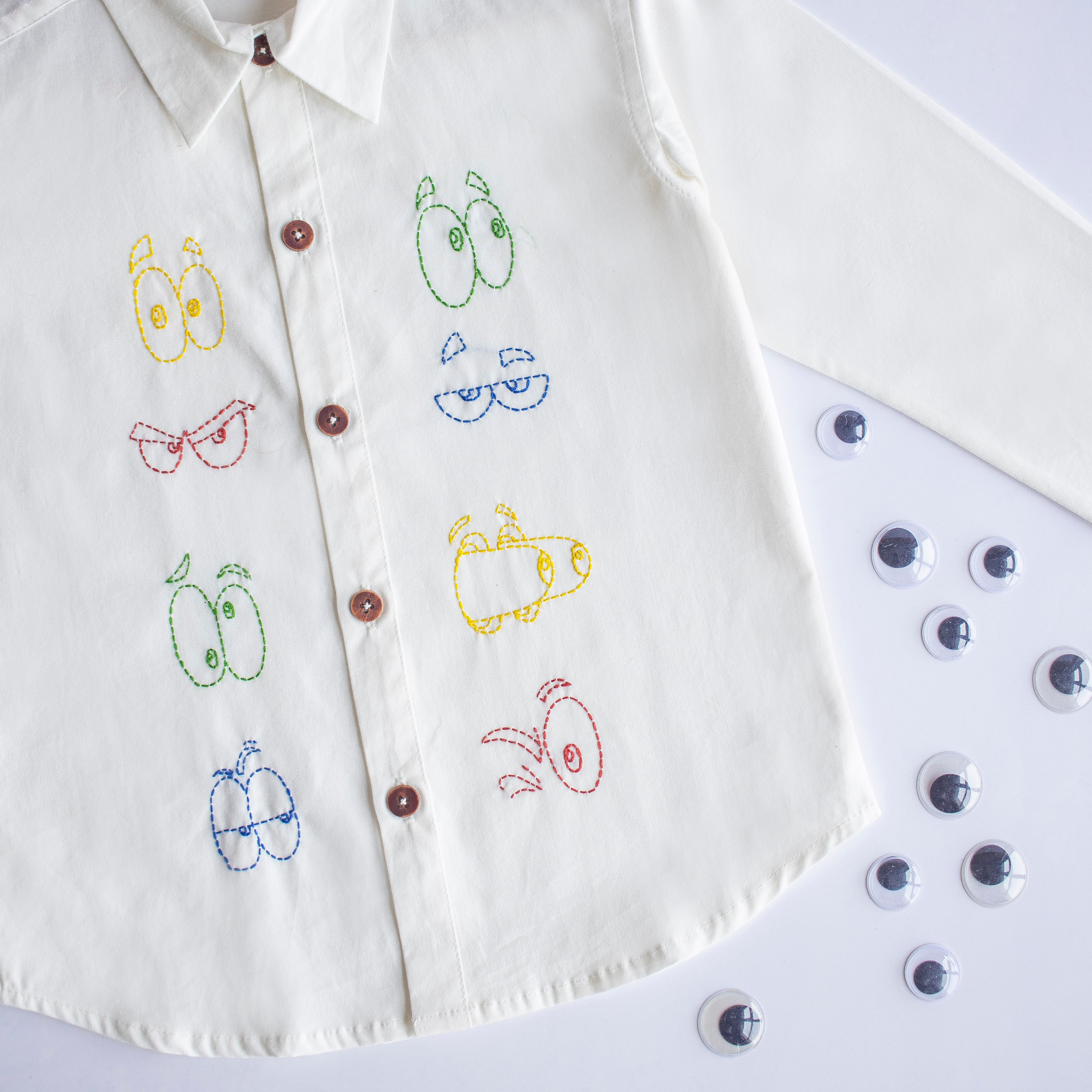 Colourful Emoji Eyes Embroidered Unisex Shirt - White - Totdot