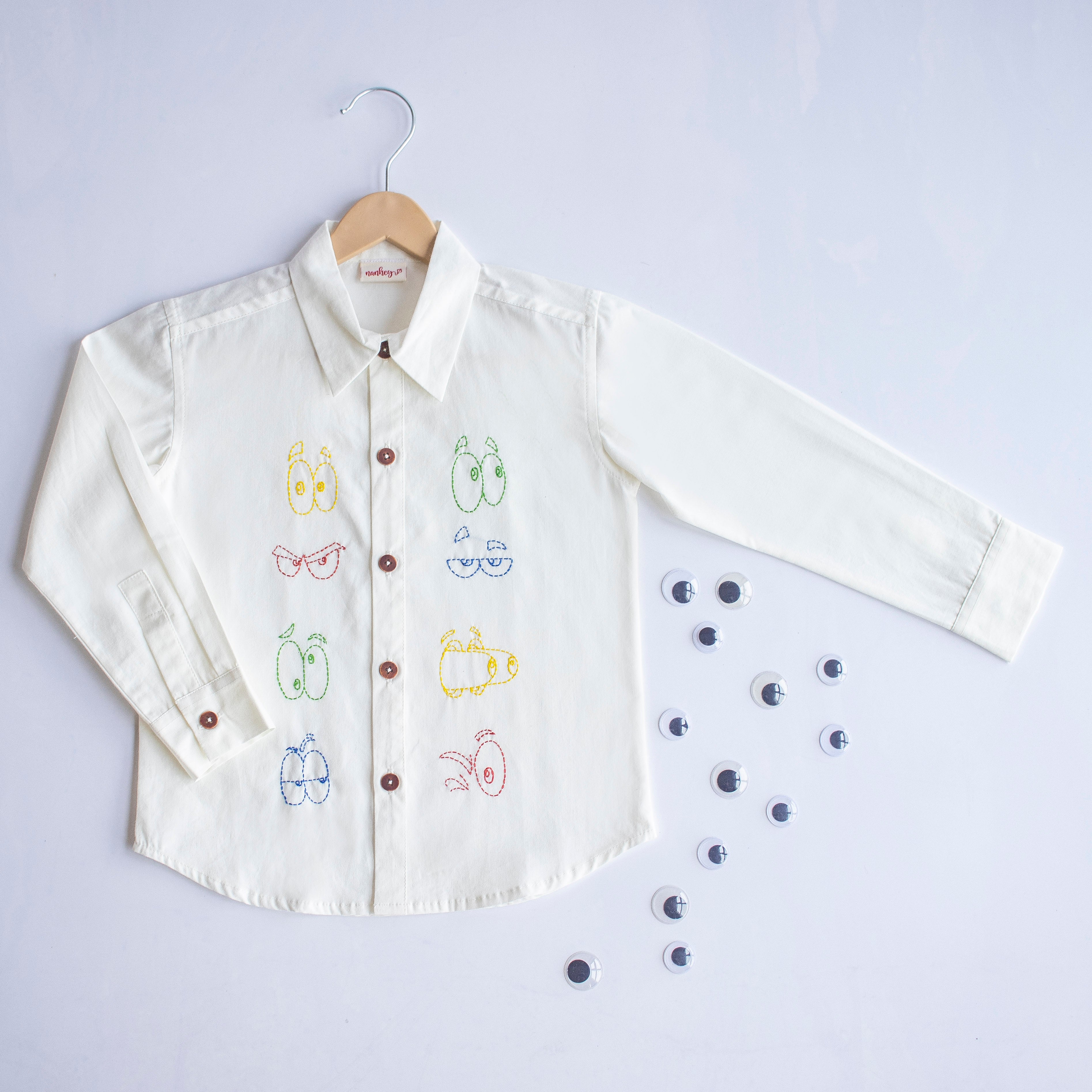 Colourful Emoji Eyes Embroidered Unisex Shirt - White - Totdot