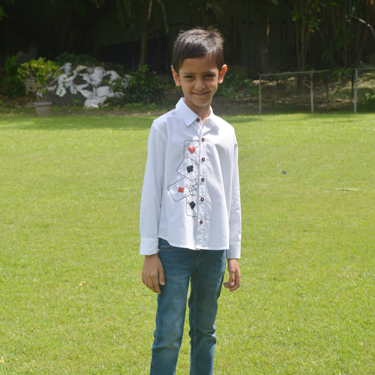 Playing Cards & Dice Embroidered Shirt - White