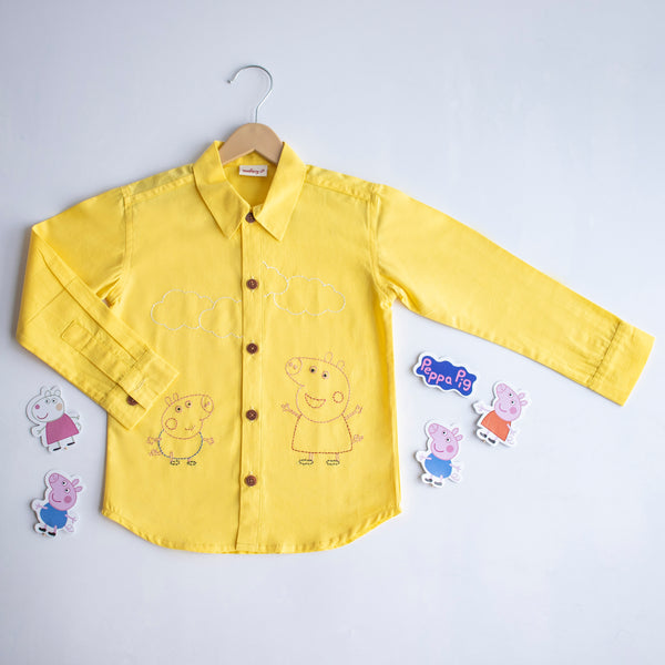 Sibling Pigs Embroidered Unisex Shirt - Yellow