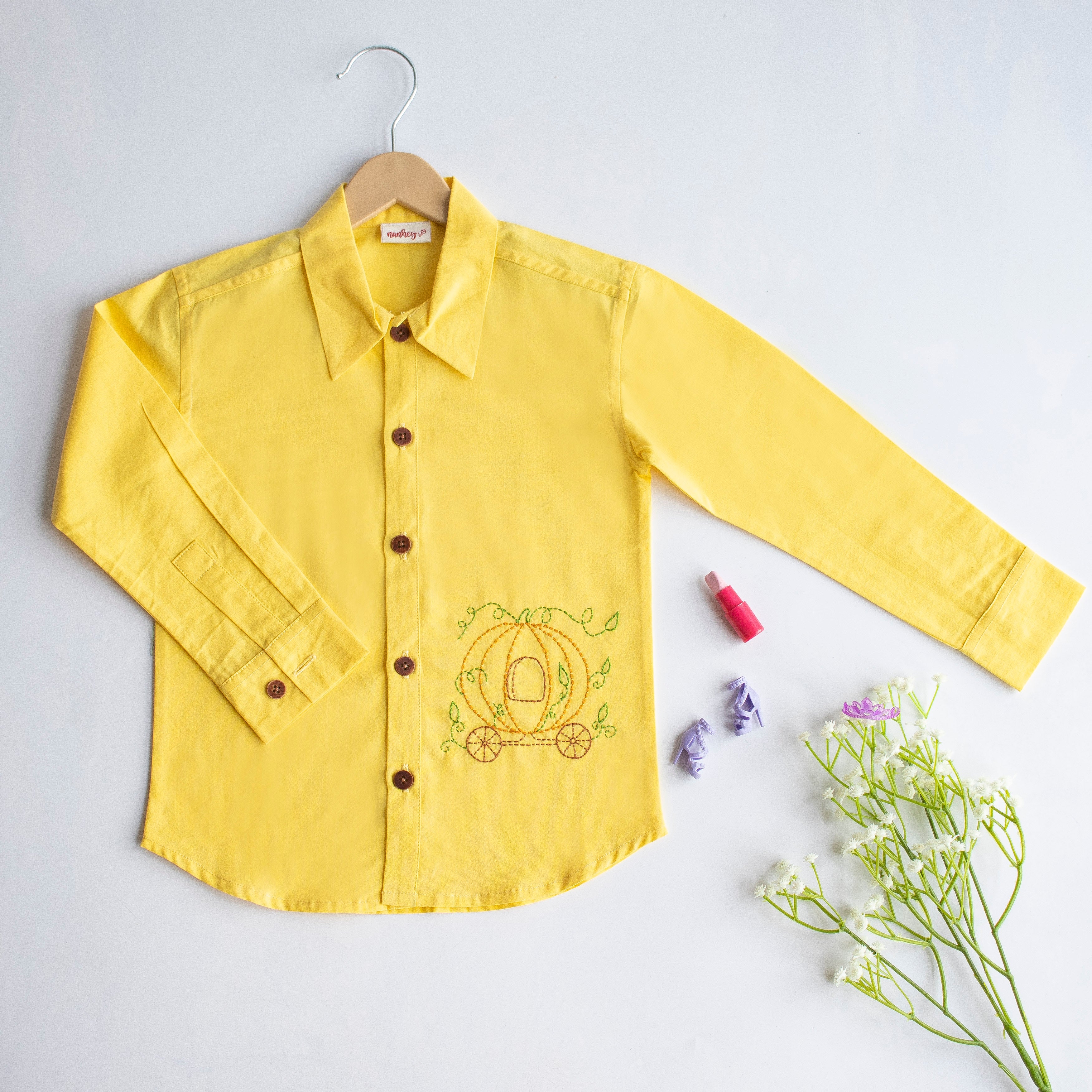 Pumpkin Carriage Embroidered Shirt - Yellow - Totdot