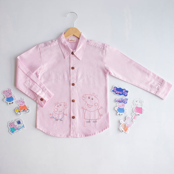 Sibling Pigs Embroidered Unisex Shirt - Light Pink