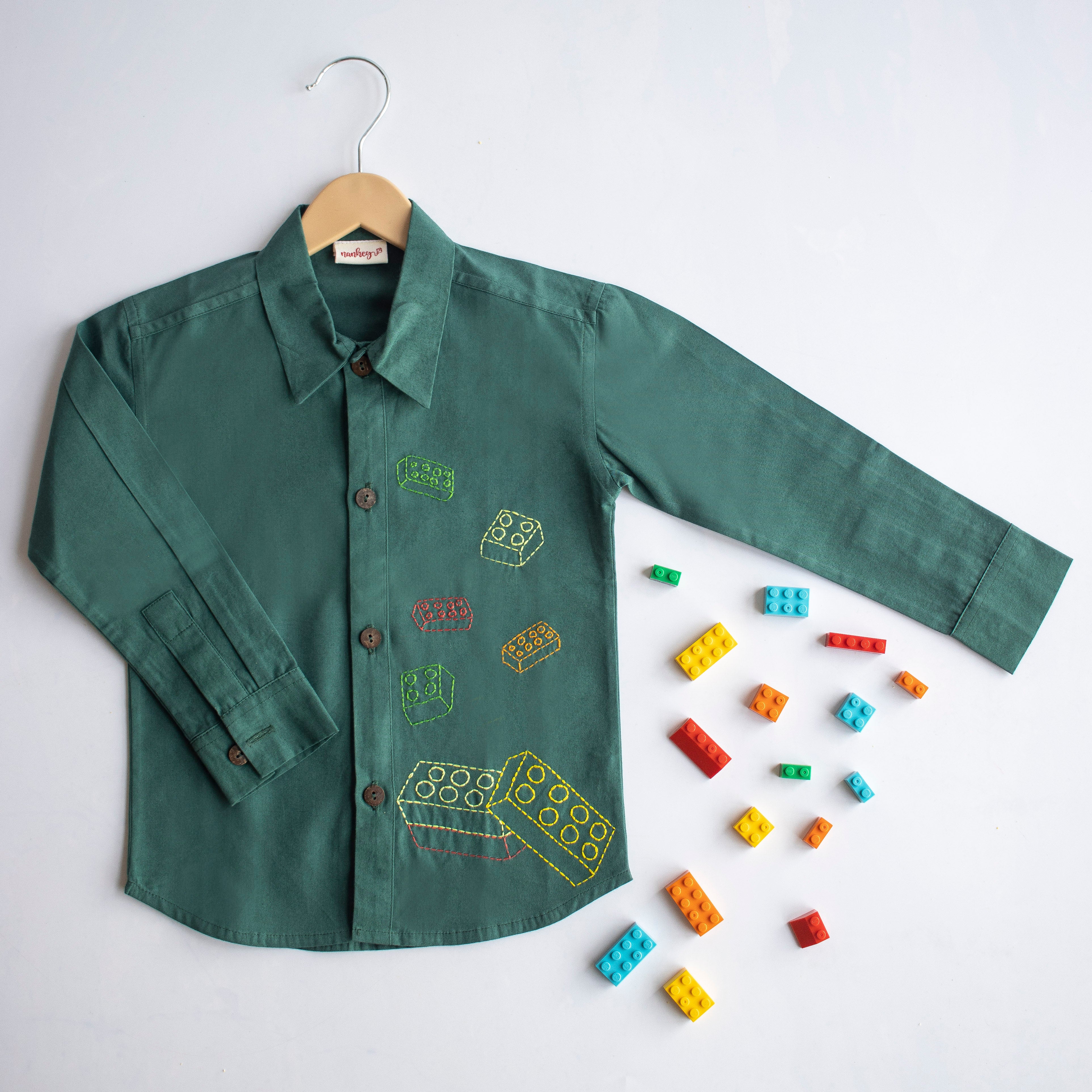 Building Blocks Embroidered Unisex Shirt - Bottle Green - Totdot