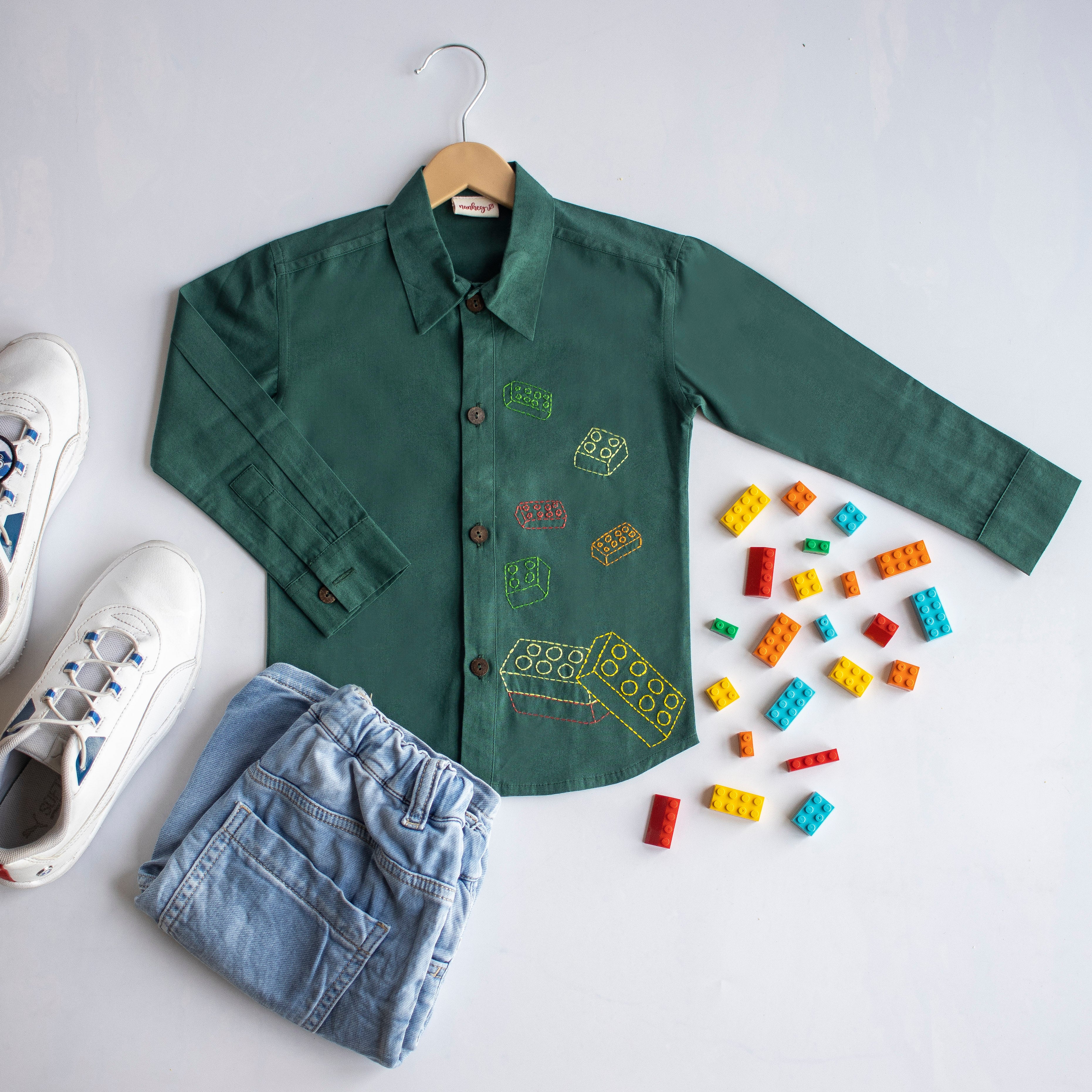 Building Blocks Embroidered Unisex Shirt - Bottle Green - Totdot