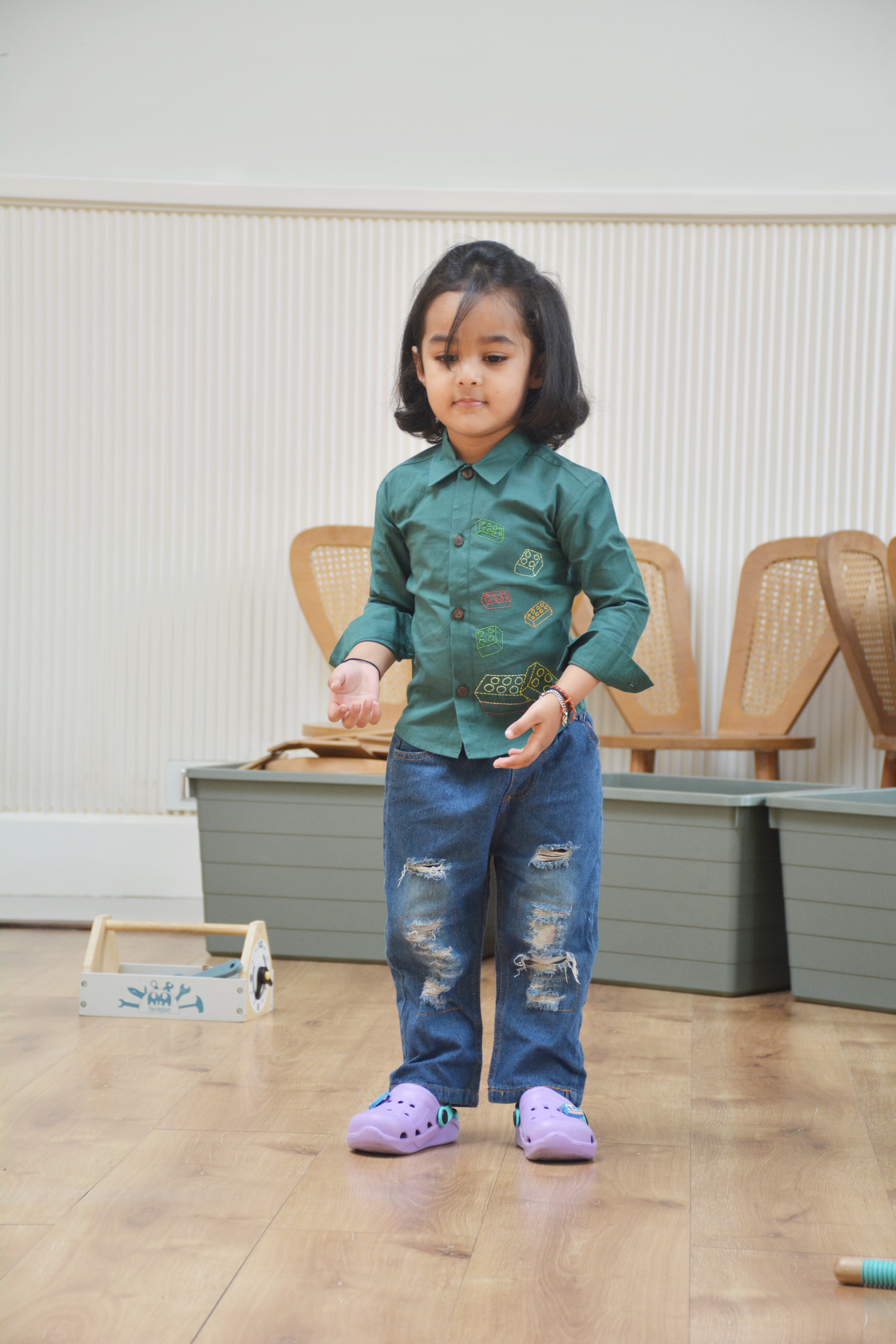 Building Blocks Embroidered Unisex Shirt - Bottle Green - Totdot