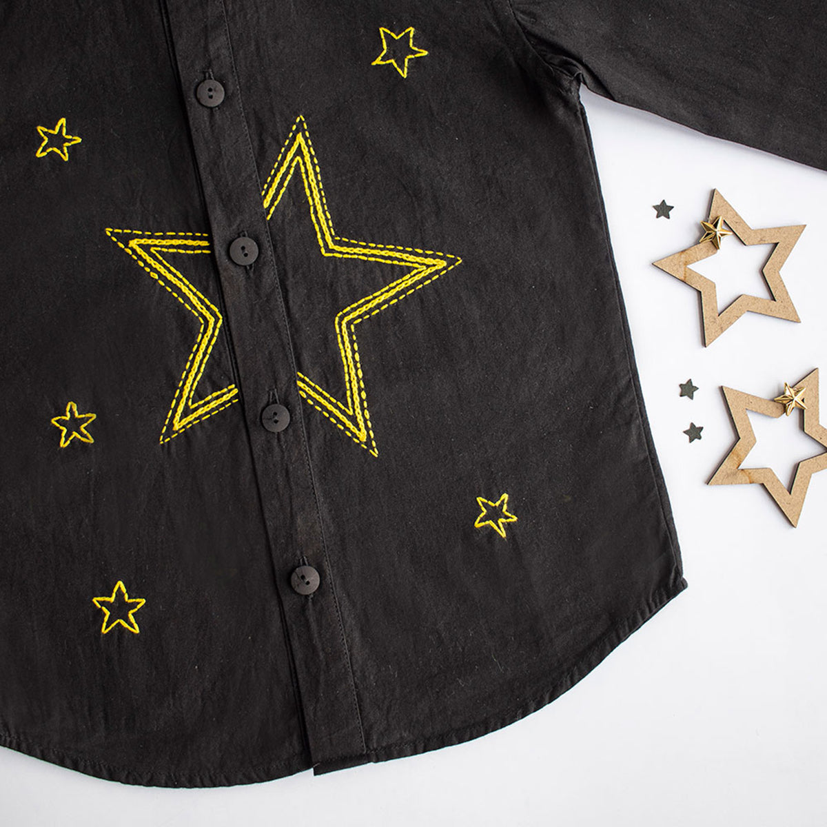 Stars Party Embroidered Shirt - Black