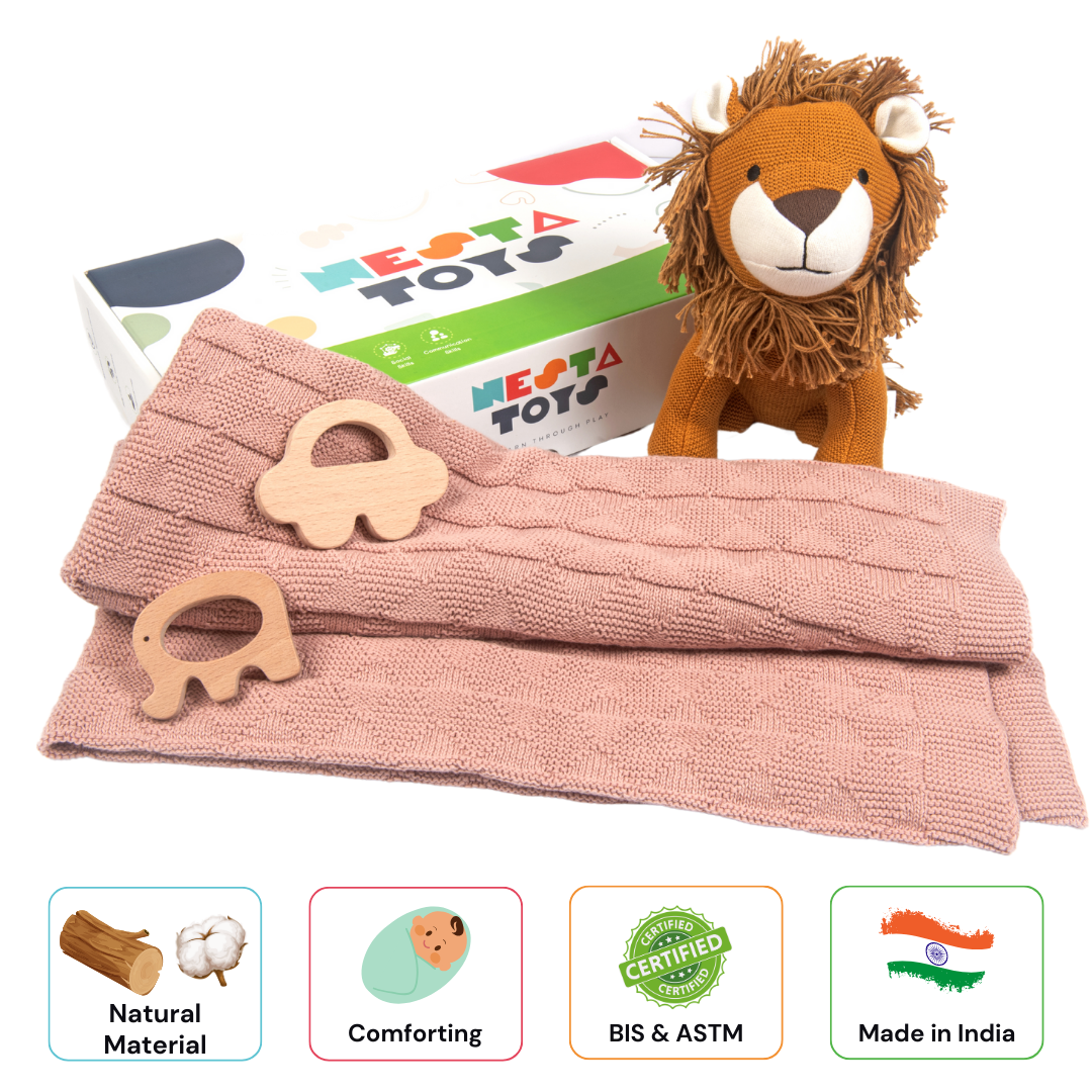 Newborn Gift Set - Knitted Cotton Blanket, Lion Plush Toy, Elephant & Car Teether