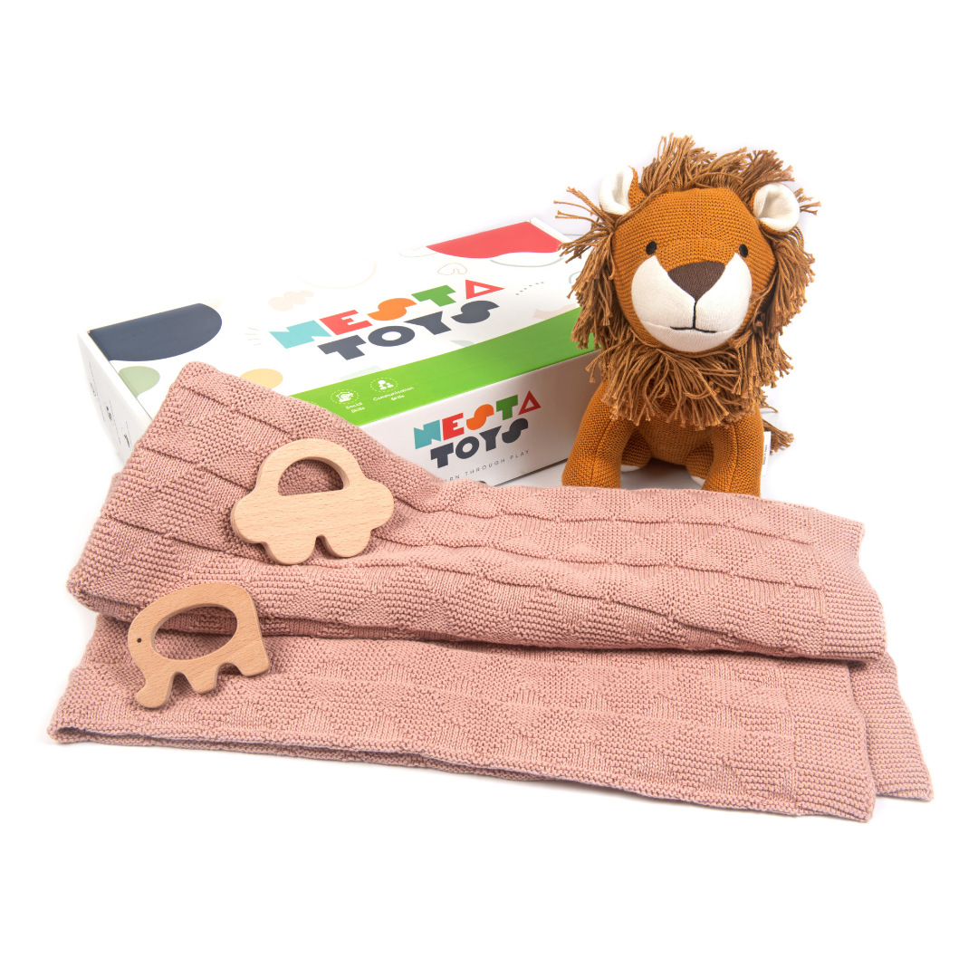 Newborn Gift Set - Knitted Cotton Blanket, Lion Plush Toy, Elephant & Car Teether