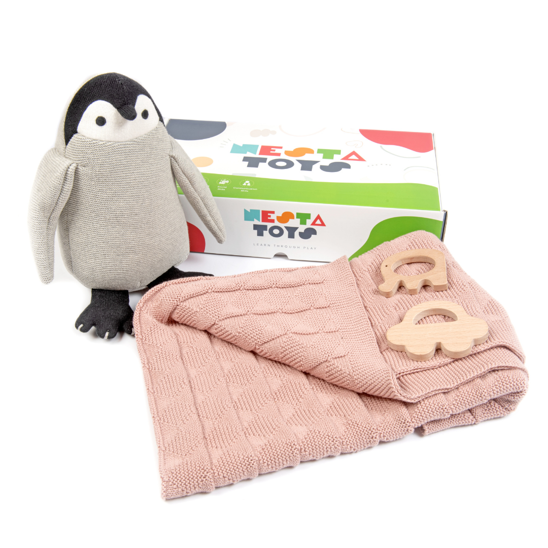 Newborn Gift SetKnitted Cotton Blanket, Penguin Plush Toy, Elephant & Car Teether