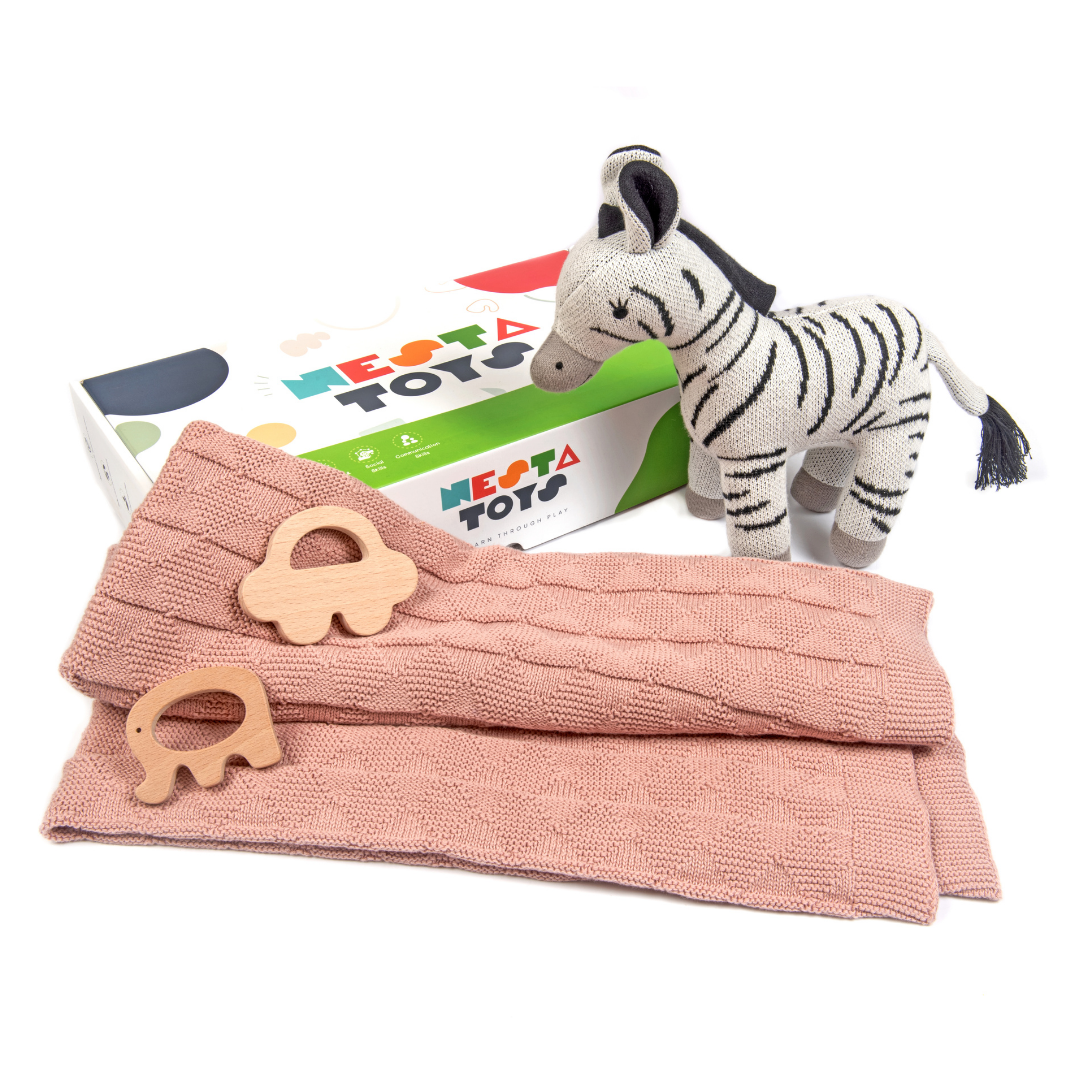 Newborn Gift Set Knitted Cotton Blanket, Zebra Plush Toy, Elephant & Car Teether