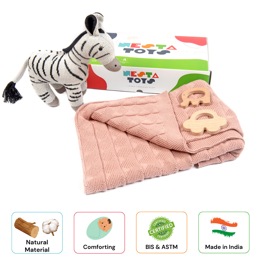 Newborn Gift Set Knitted Cotton Blanket, Zebra Plush Toy, Elephant & Car Teether