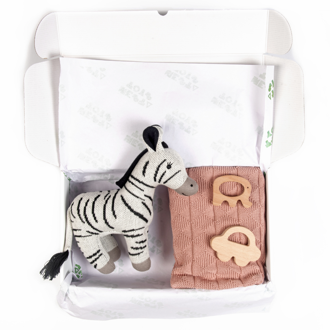 Newborn Gift Set Knitted Cotton Blanket, Zebra Plush Toy, Elephant & Car Teether