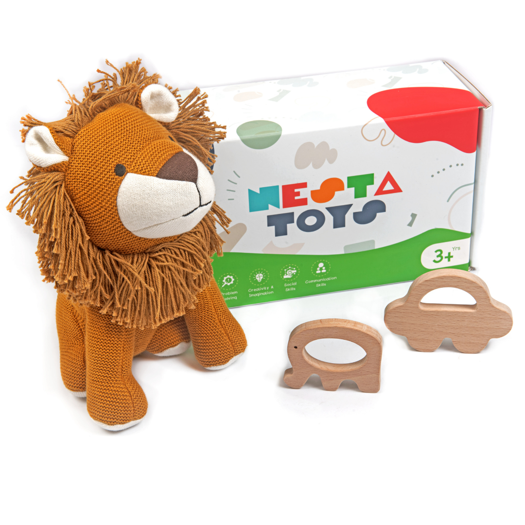 Newborn Gift Set Lion Plush Toy, Wooden Elephant & Car Teether