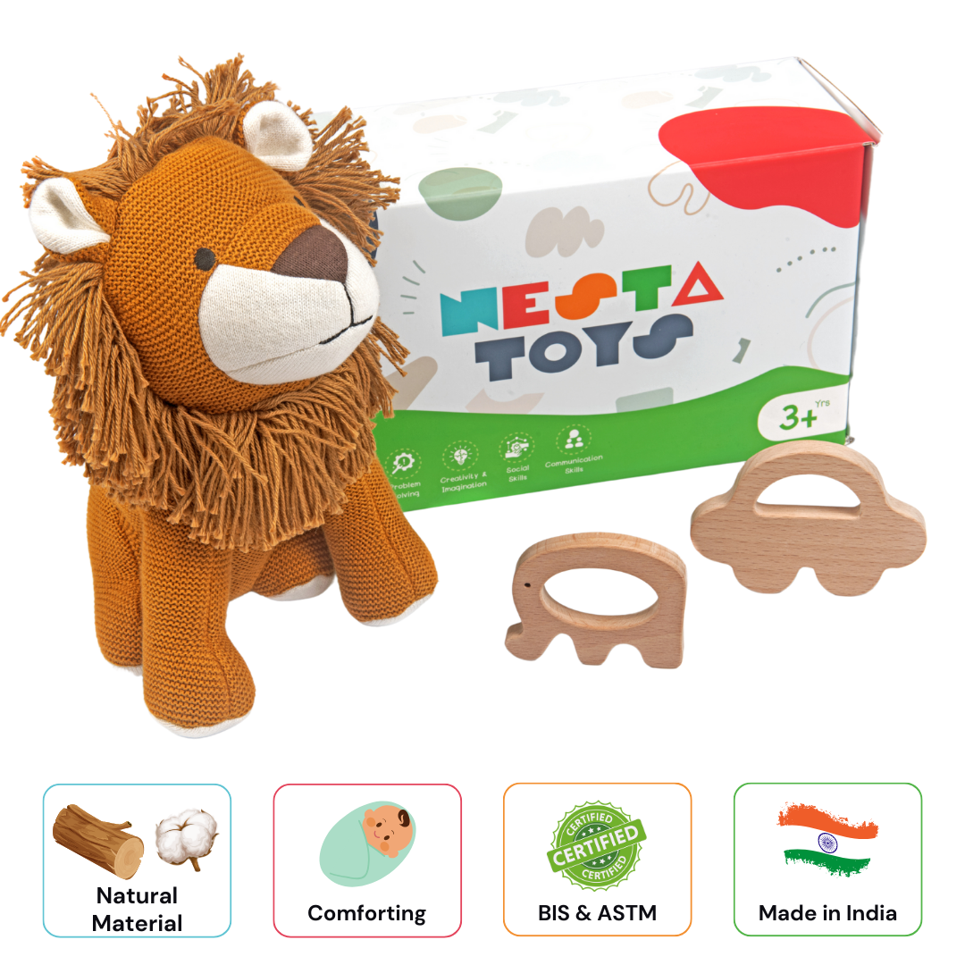 Newborn Gift Set Lion Plush Toy, Wooden Elephant & Car Teether