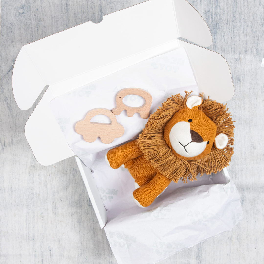 Newborn Gift Set Lion Plush Toy, Wooden Elephant & Car Teether