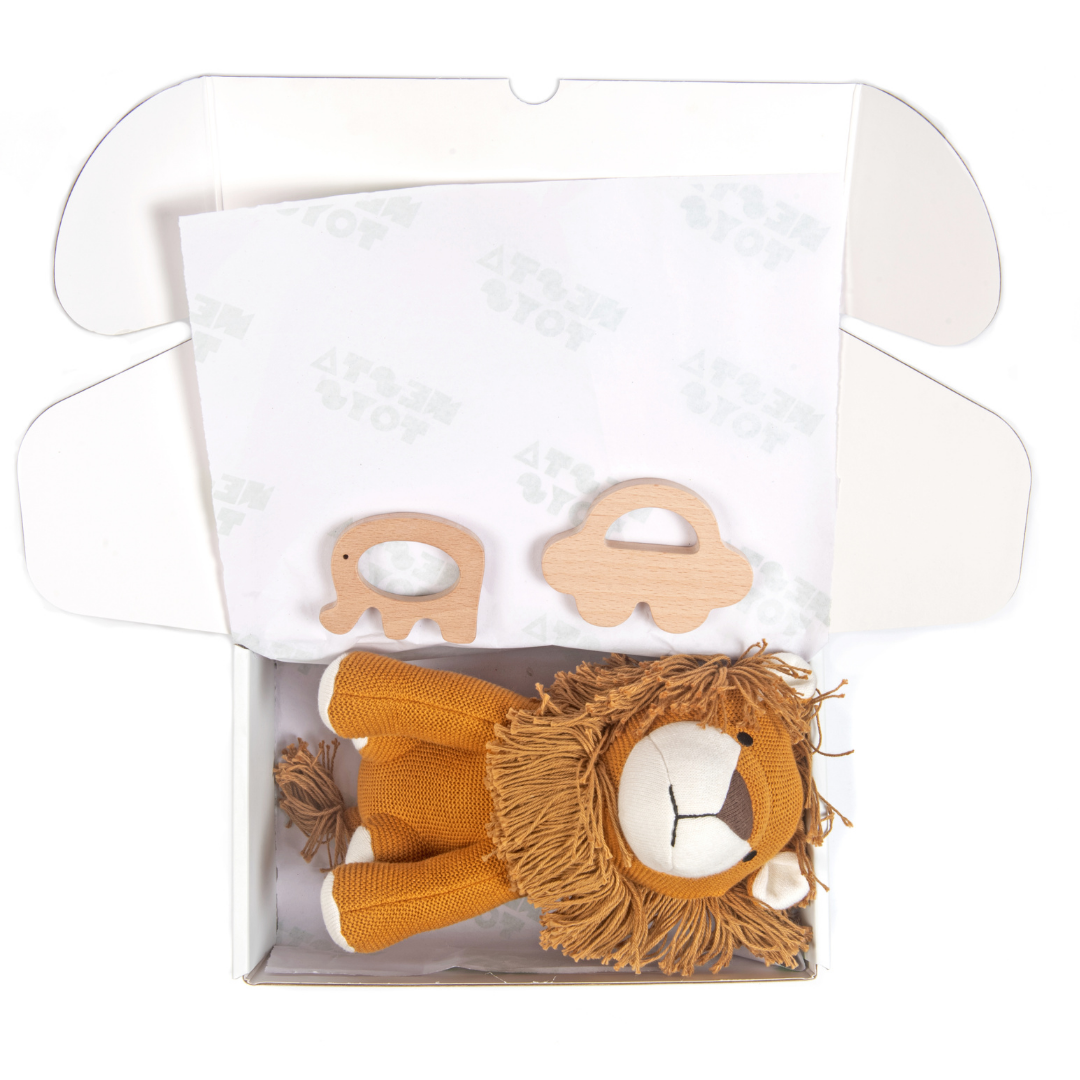 Newborn Gift Set Lion Plush Toy, Wooden Elephant & Car Teether