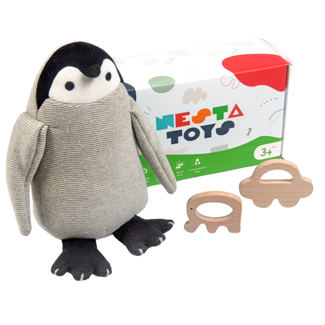 Newborn Gift Set Penguin Plush Toy, Wooden Elephant & Car Teether