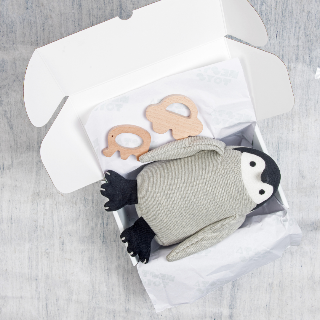 Newborn Gift Set Penguin Plush Toy, Wooden Elephant & Car Teether