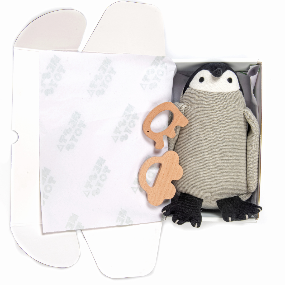 Newborn Gift Set Penguin Plush Toy, Wooden Elephant & Car Teether