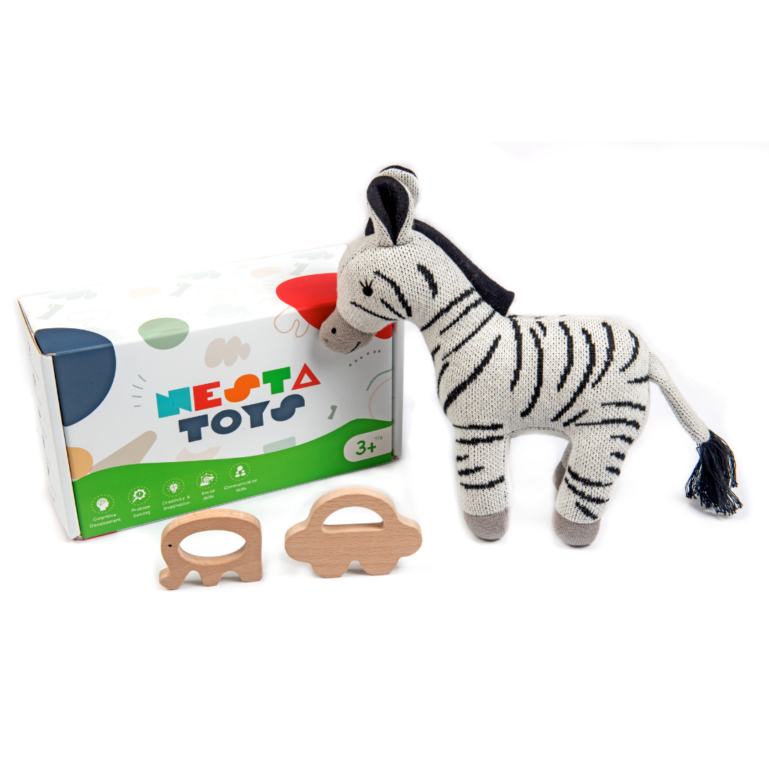 Newborn Gift Set Zebra Plush Toy, Wooden Elephant & Car Teether