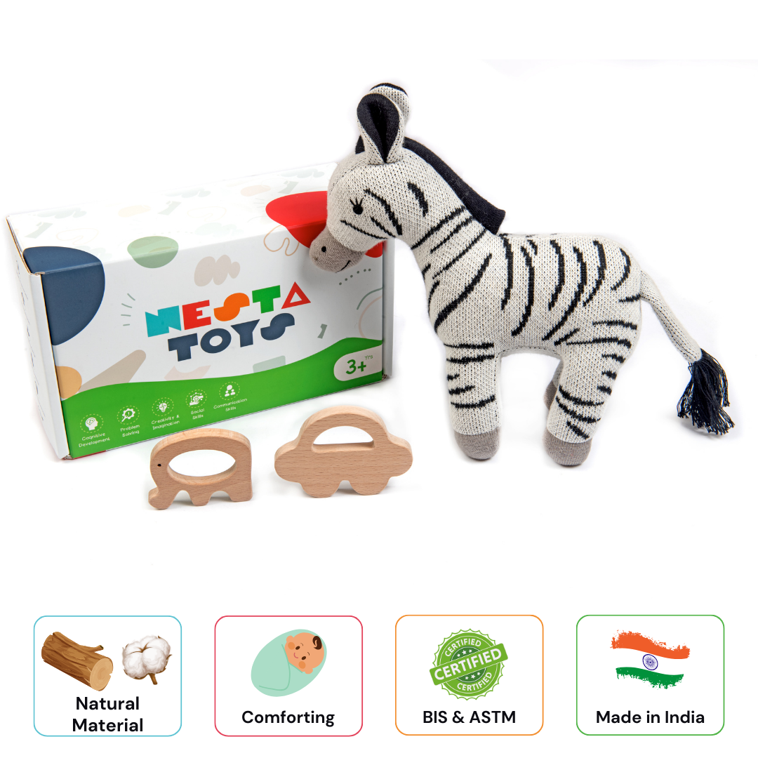 Newborn Gift Set Zebra Plush Toy, Wooden Elephant & Car Teether