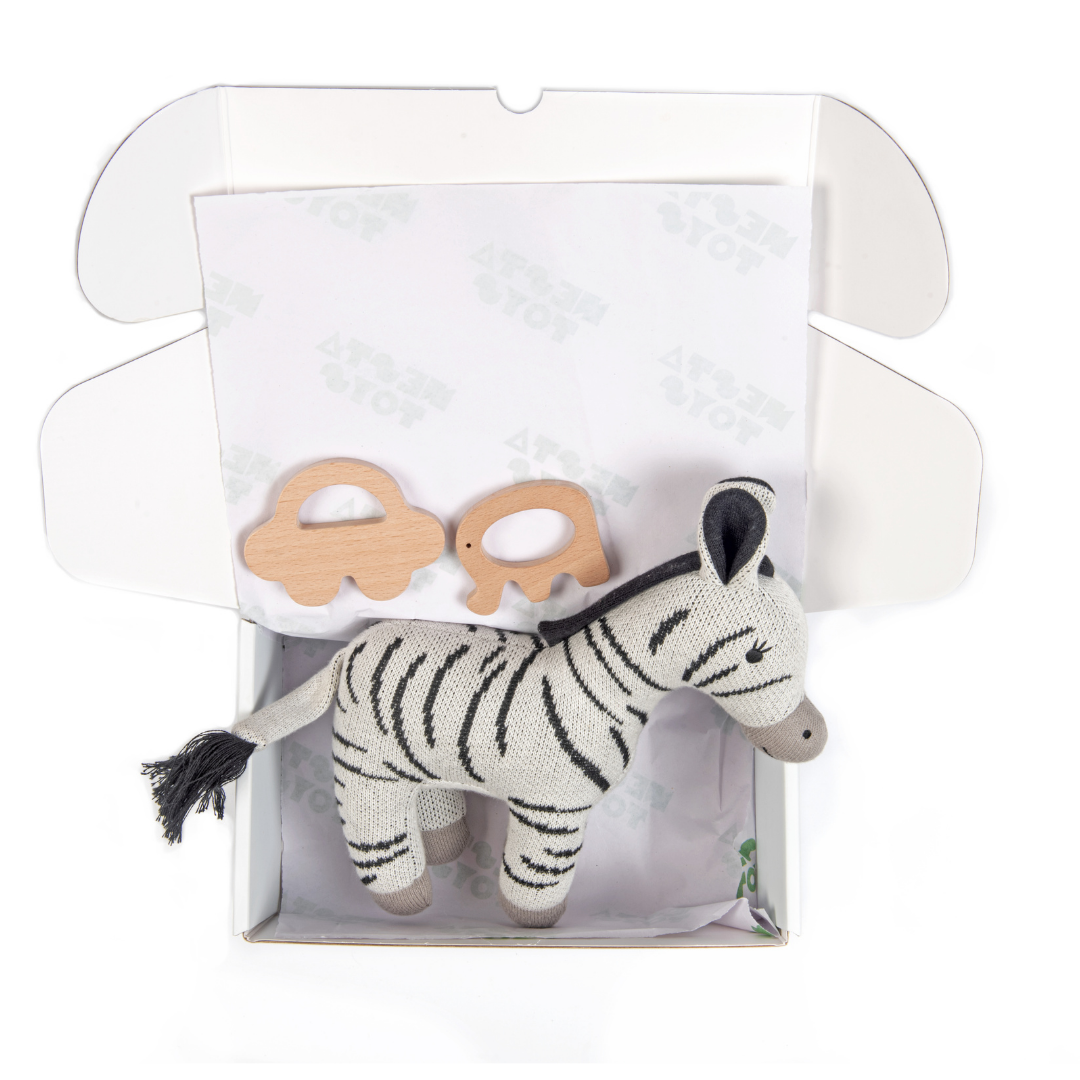 Newborn Gift Set Zebra Plush Toy, Wooden Elephant & Car Teether